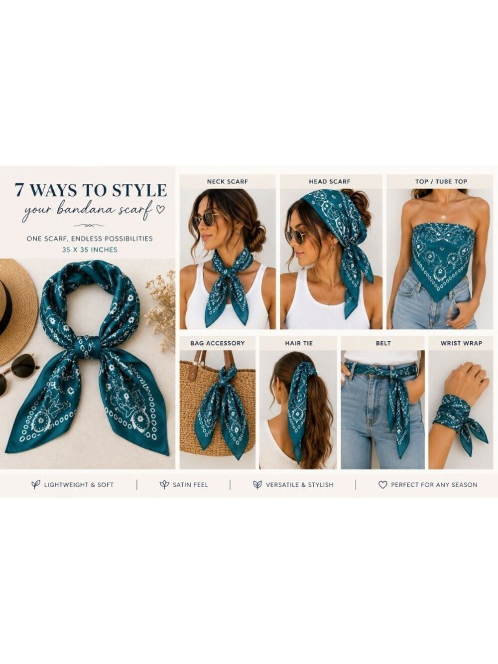Teal Blue Paisley Bandana Scarf Large Satin Square Wrap 35x35 - Picture 5 of 5